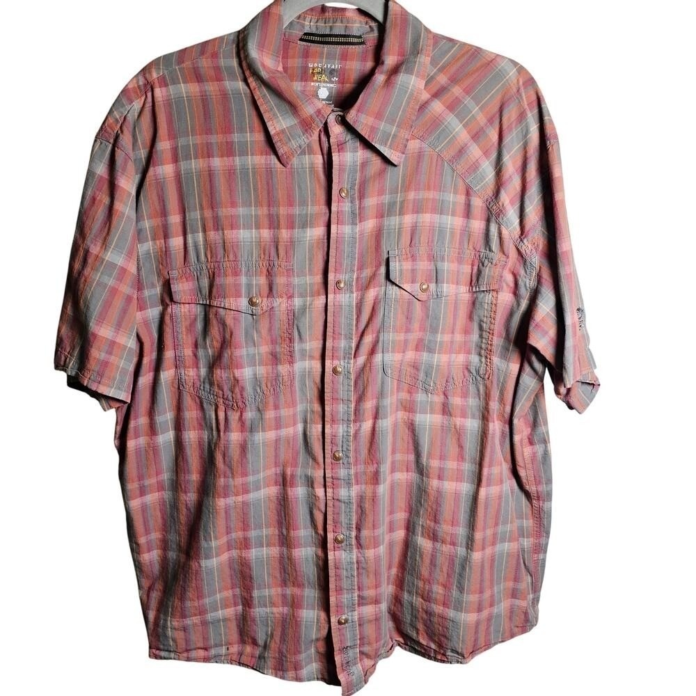 Mountain Hardware Mens Plaid Short Sleeve Tiger Eye Snap Up shirt Organic Cotton